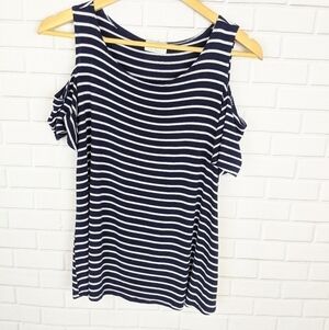 Free Kisses Navy Blue Striped Cold Shoulder Top Women's Small